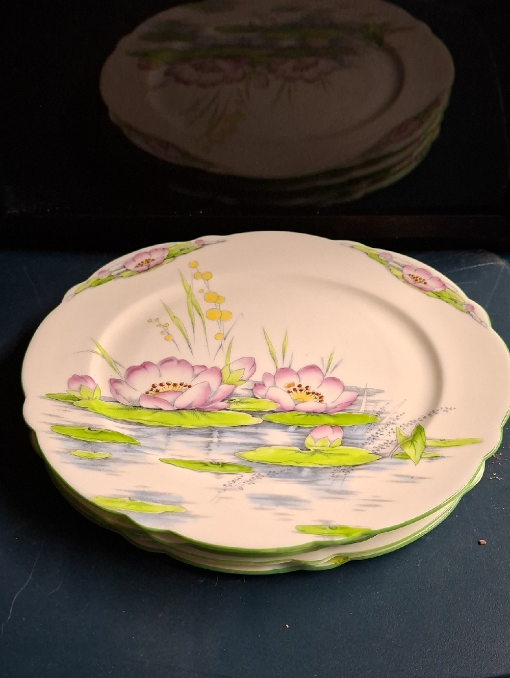 Floral Water Lily Paragon Tea Plates- Pair - Pink & Green Waterlilies